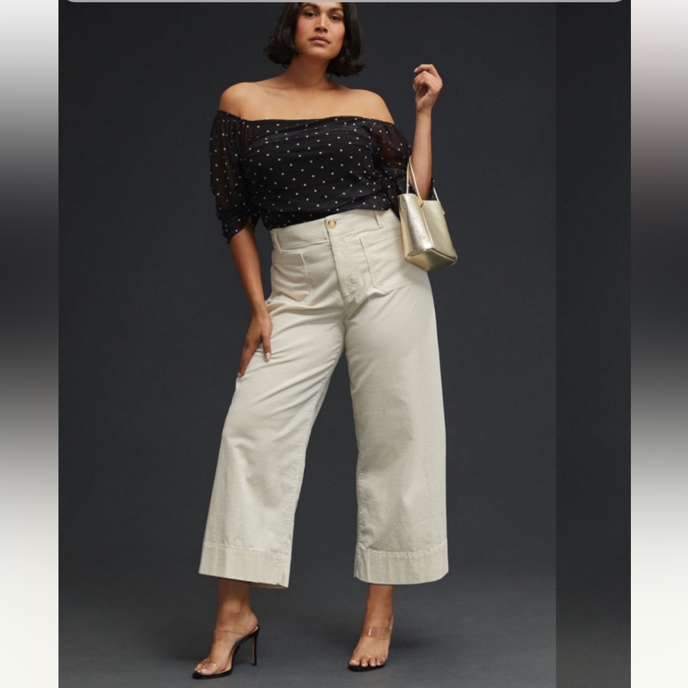 Anthropologie Maeve The Colette Cropped Cord Wide Leg Trousers Ivory Cream 18